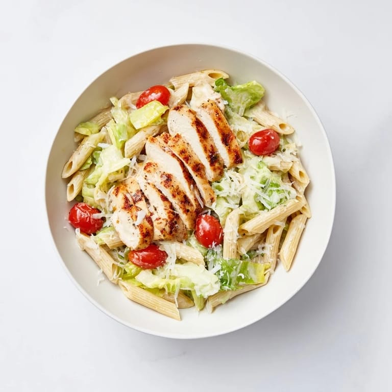 Cherry tomatoes and Parmesan garnish this hearty Spicy Chicken Caesar Pasta served with lemon wedges.