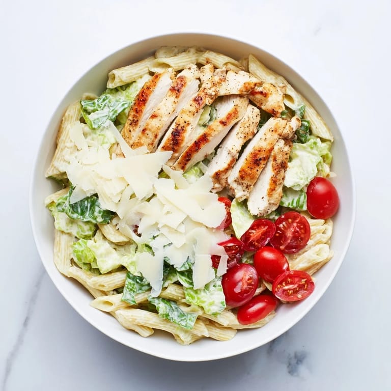 Spicy Chicken Caesar Pasta combines al dente penne, crisp romaine, and zesty dressing with smoky chicken.