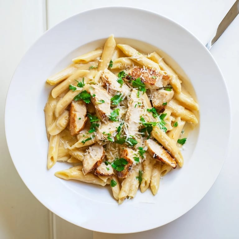 A fork lifts cheesy, saucy penne and juicy chicken coated in honey chipotle glaze, with fresh herbs scattered on a rustic table.