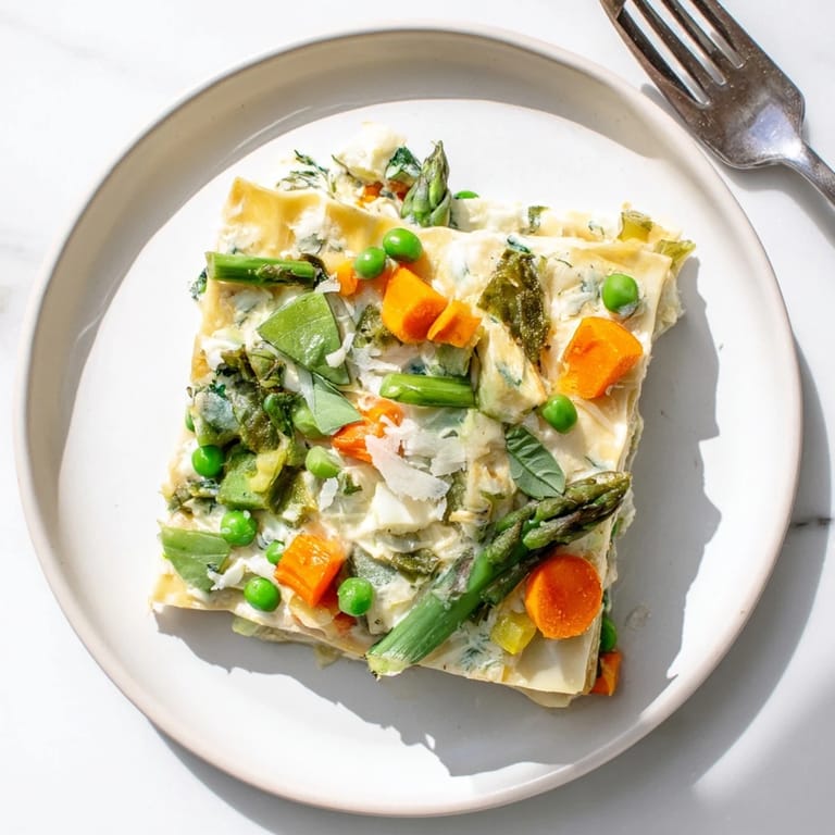 Spring Veggie Alfredo Lasagna served on a white plate, garnished with fresh basil leaves and a side salad for a complete meal.