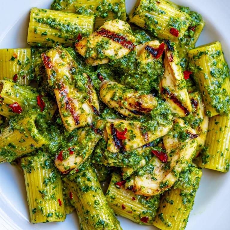 This vibrant bowl of Chimichurri Chicken Pasta features tender meat, fresh parsley, and a zesty red wine vinegar dressing, perfect for a dairy-free weeknight meal.  