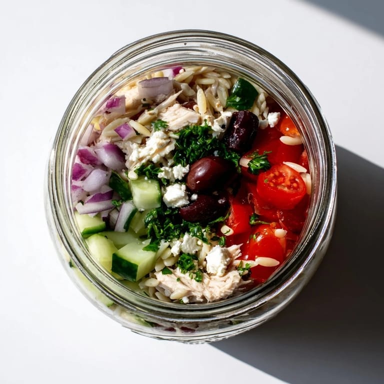 Meal prep friendly Greek Pasta Chicken Salad Jars featuring hearty orzo, tender chicken, crunchy veggies, and a tangy red wine vinaigrette.