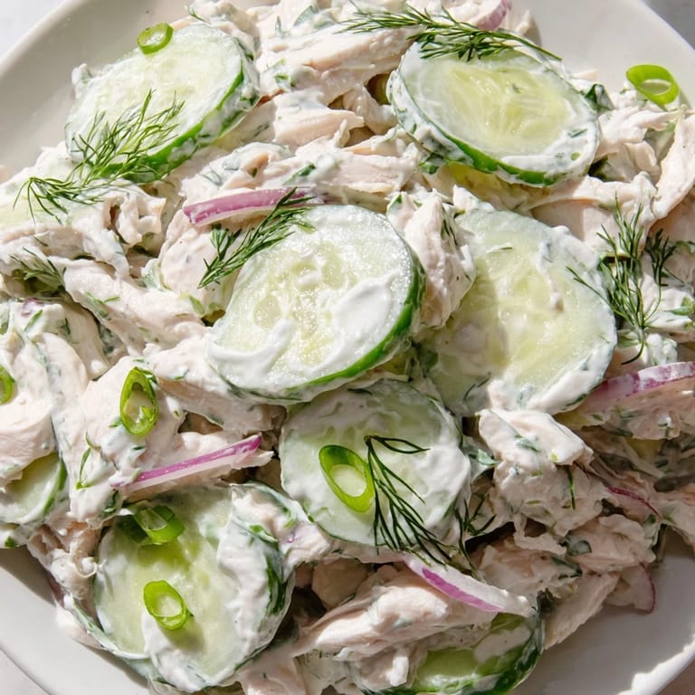 Creamy Cucumber Chicken Salad served chilled in a white bowl, topped with extra fresh dill and green onions.