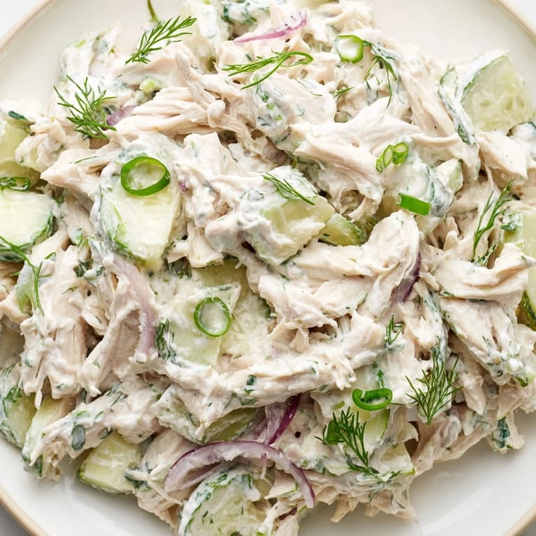 Close up view of Creamy Cucumber Chicken Salad showing creamy dressing coating tender chicken and thinly sliced cucumbers.