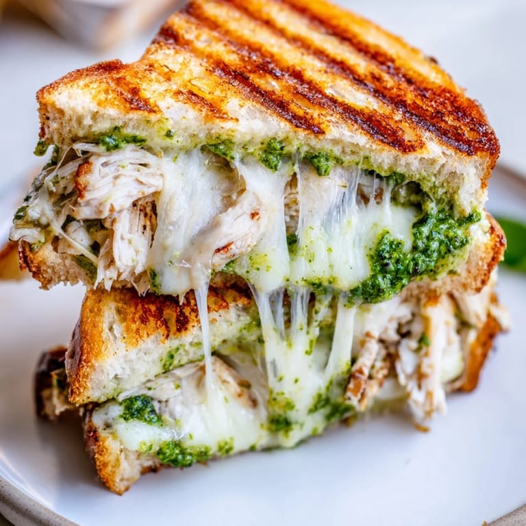 A close-up of a Mozzarella Pesto Chicken Grilled Cheese, cut diagonally to reveal juicy shredded chicken and pesto.