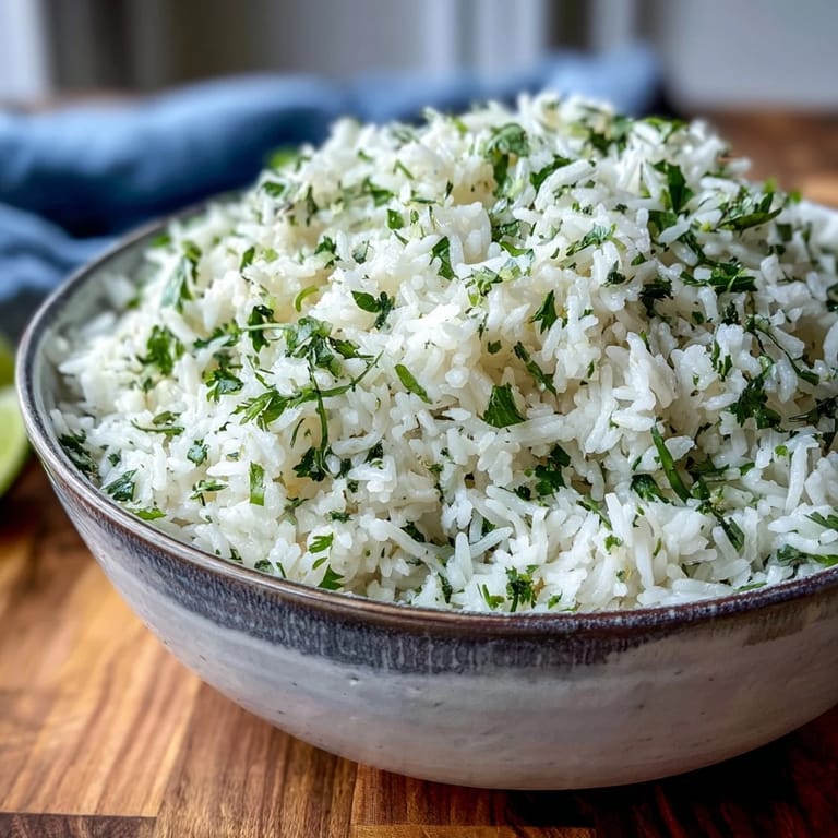 Steamed long-grain rice tossed with zesty lime juice, zest, and chopped cilantro in a white serving bowl.  