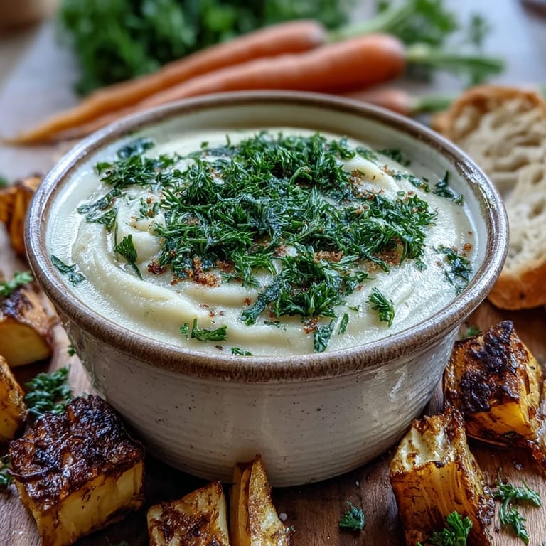 Rustic homemade Parsnip and Herb Soup in a cozy bowl, topped with fresh dill and cracked black pepper.