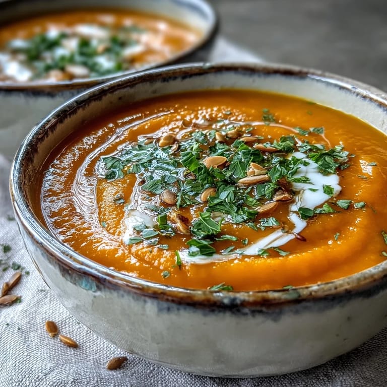Silky Carrot Ginger Soup topped with fresh herbs, ready to serve as a healthy vegan meal.