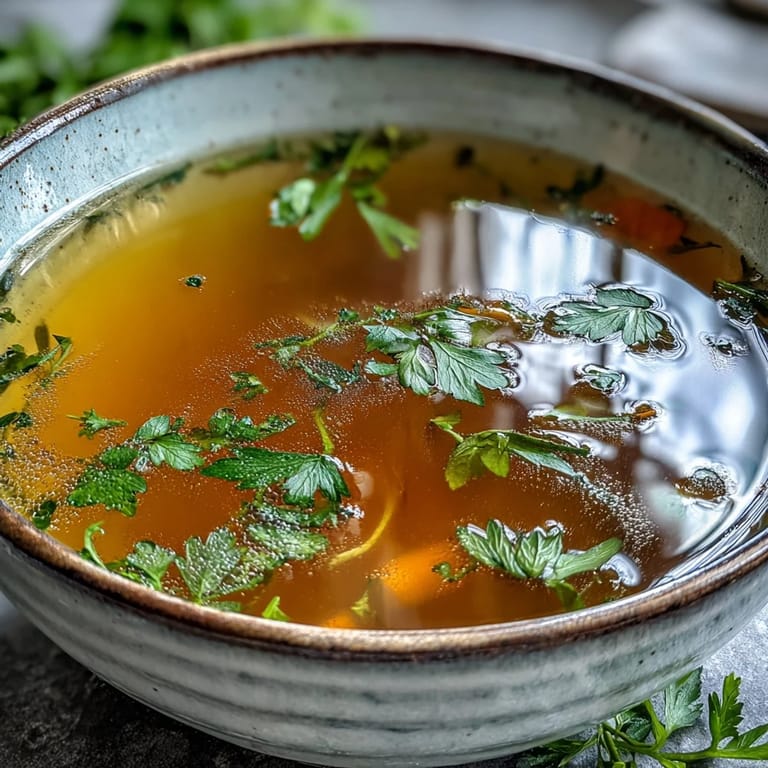 Fragrant golden Vegetable Broth From Scraps strained into a glass jar, ready to savor.