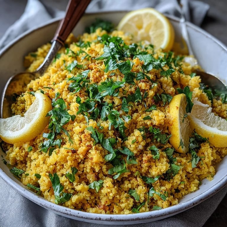 Heaping skillet of Turmeric Cauliflower Rice, featuring fluffy grains with onion, garlic, and a dusting of red chili flakes.  