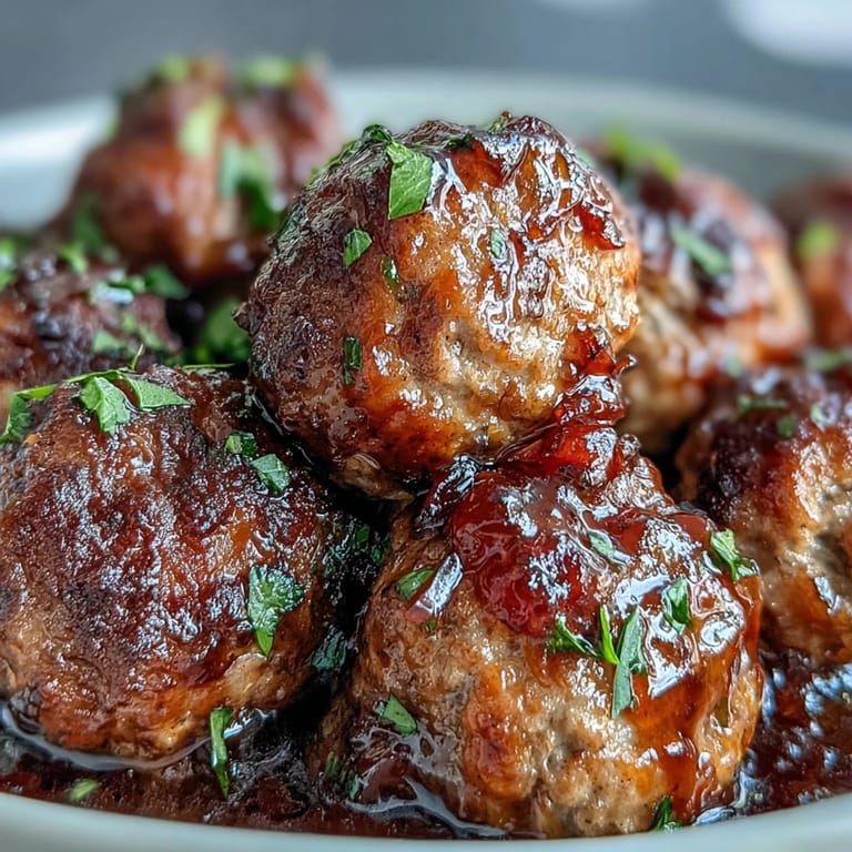 Tender beef meatballs coated in a sticky sweet and tangy Slow Cooker Peach Glazed Meatballs appetizer, garnished with fresh parsley.