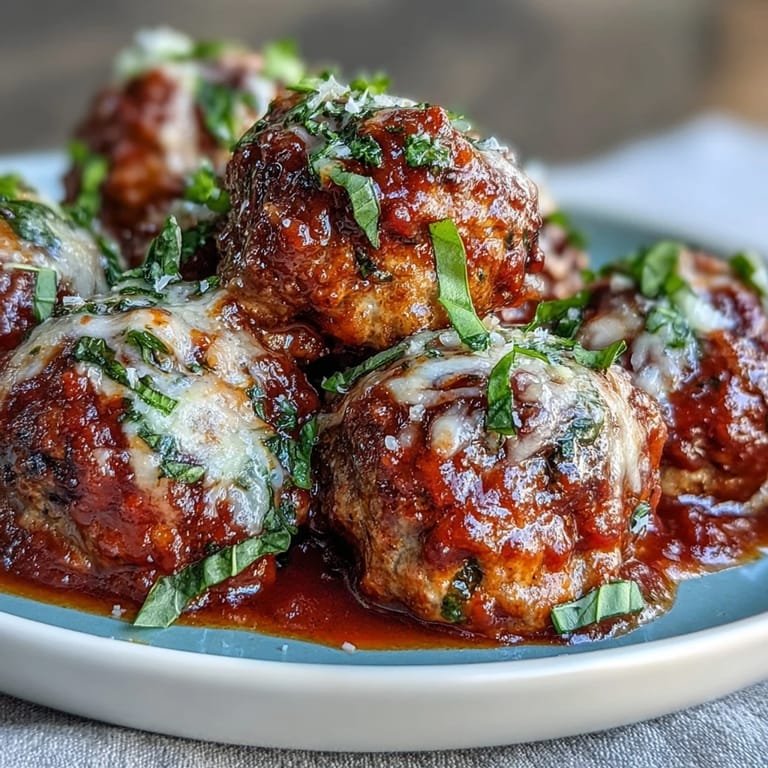 Steaming Cheesy, Garlicky Meatballs With Marinara topped with melted mozzarella are served over pasta for a hearty meal.