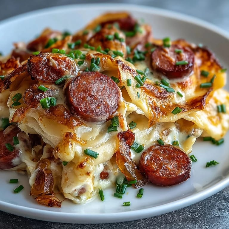 Crockpot Pierogi Casserole With Kielbasa layered with pierogi, smoky sausage, and onions in a creamy cheese sauce.