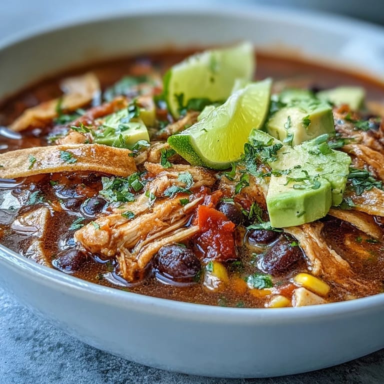 Close-up of Instant Pot Chicken Tortilla Soup with shredded chicken, black beans, and lime wedges on the side.