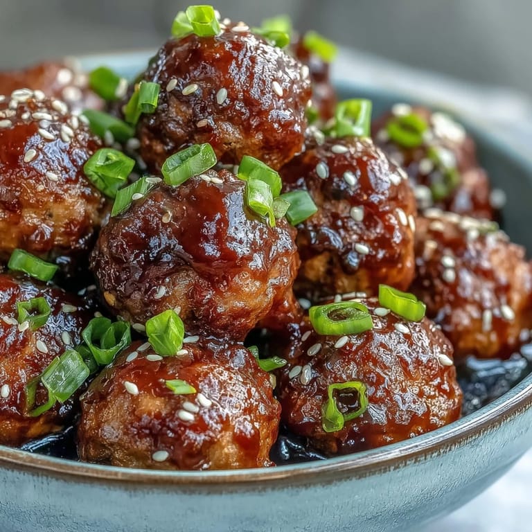 Easy Sweet and Sour Crock Pot Meatballs garnished with green onions and sesame seeds, ready for a party appetizer platter.