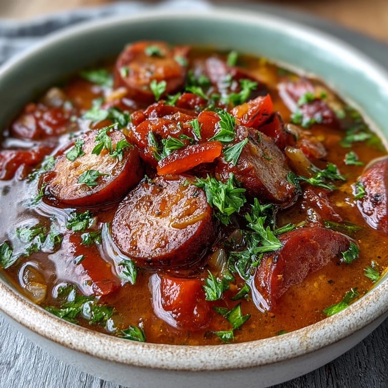 Savory Crock Pot BBQ Cocktail Sausage Soup in a slow cooker with red bell peppers and onions, an easy meal.