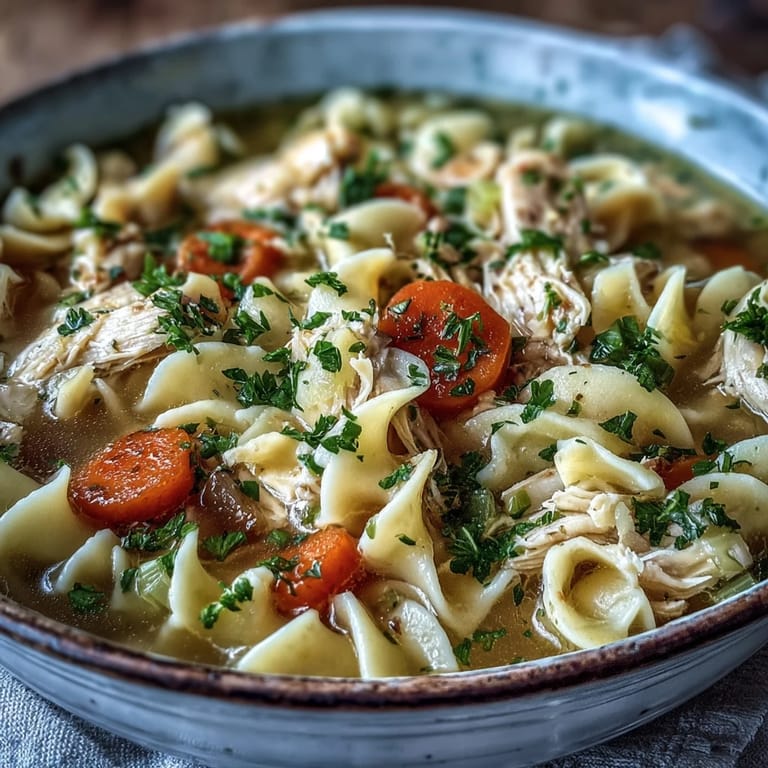 Close-up of Instant Pot Chicken Noodle Soup featuring soft egg noodles and colorful vegetables in a rich golden broth.