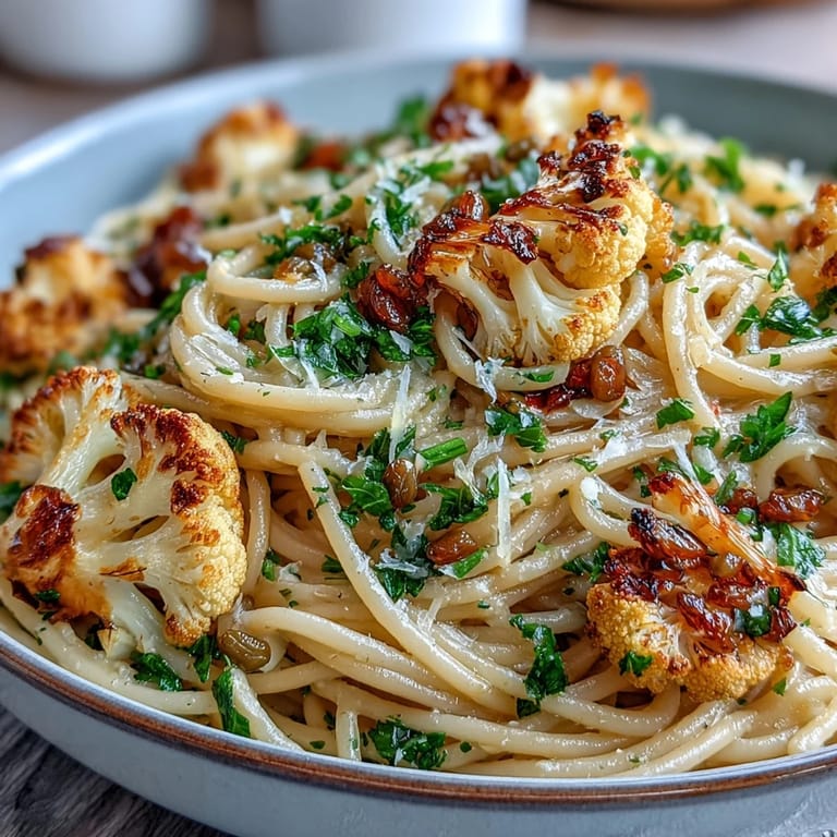 Close-up view of the Italian pasta dish featuring tender roasted cauliflower, anchovies, raisins, and capers on a rustic table.
