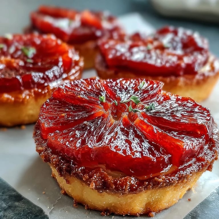 Six elegant Blood Orange Tarts arranged on a marble counter, showcasing vibrant orange segments and honey glaze drizzle.