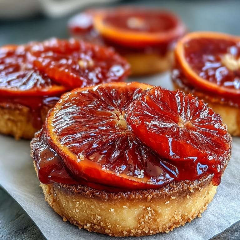 Freshly baked Blood Orange Tarts dusted with powdered sugar, served alongside a glass of sparkling rosé wine.