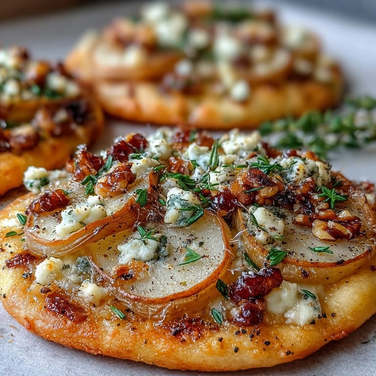 Close-up of warm Pear, Gorgonzola, and Pickled Walnut Pizzettes highlighting gooey cheese and glistening honey drizzle.