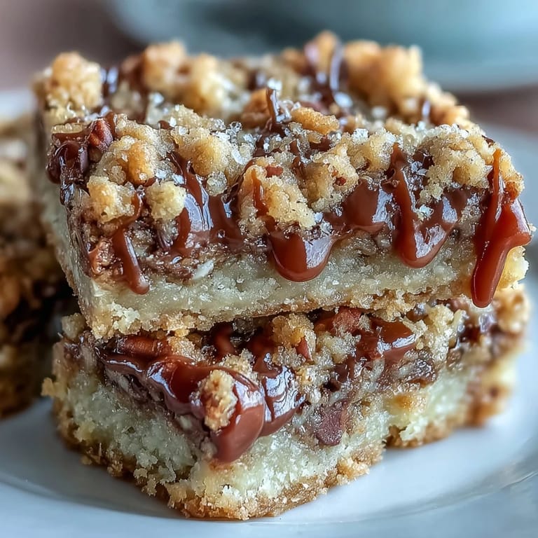 Close-up of Decadent Sweet and Chewy Turtle Bars showcasing melted chocolate chips nestled into a chewy oat crust.