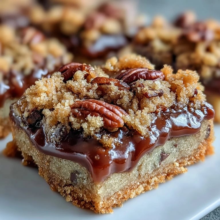 Freshly baked Decadent Sweet and Chewy Turtle Bars display a buttery crumb topping and rich caramel drizzle.