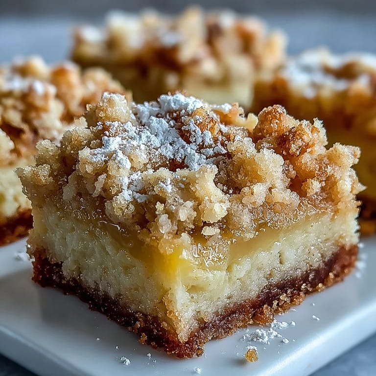 A close-up reveals buttery crumble texture and tangy lemon zest filling inside these Homemade Lemon Crumb Bars.