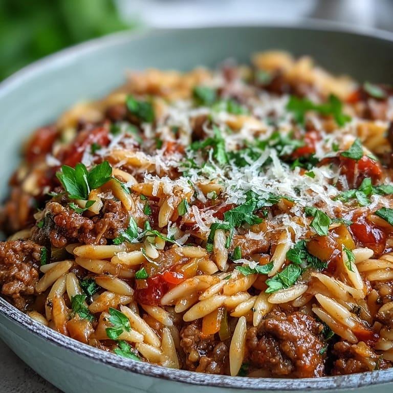 Steam rises from a spoonful of Comforting Ground Beef Orzo Dinner, with melted Parmesan and fresh herbs.