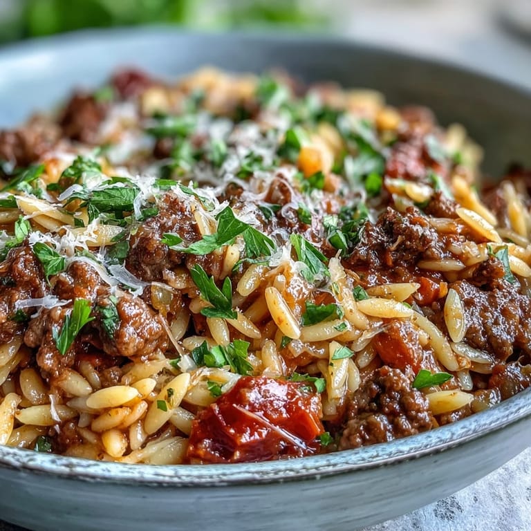 Weeknight Comforting Ground Beef Orzo Dinner simmering in a skillet with peas and herbs for a hearty meal.
