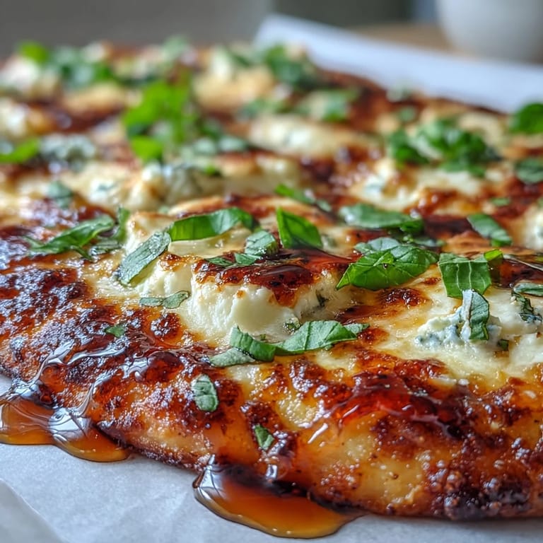 A close-up of Hot Honey Ricotta Pizza showing thick, fluffy crust, melted cheese, fresh basil leaves, and warm spicy honey drizzle for a sweet-heat finish. 