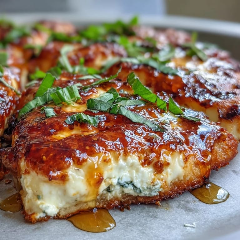 Freshly baked Hot Honey Ricotta Pizza sliced on a marble counter, featuring golden crust, ricotta base, mozzarella, basil garnish, and hot honey drizzle.