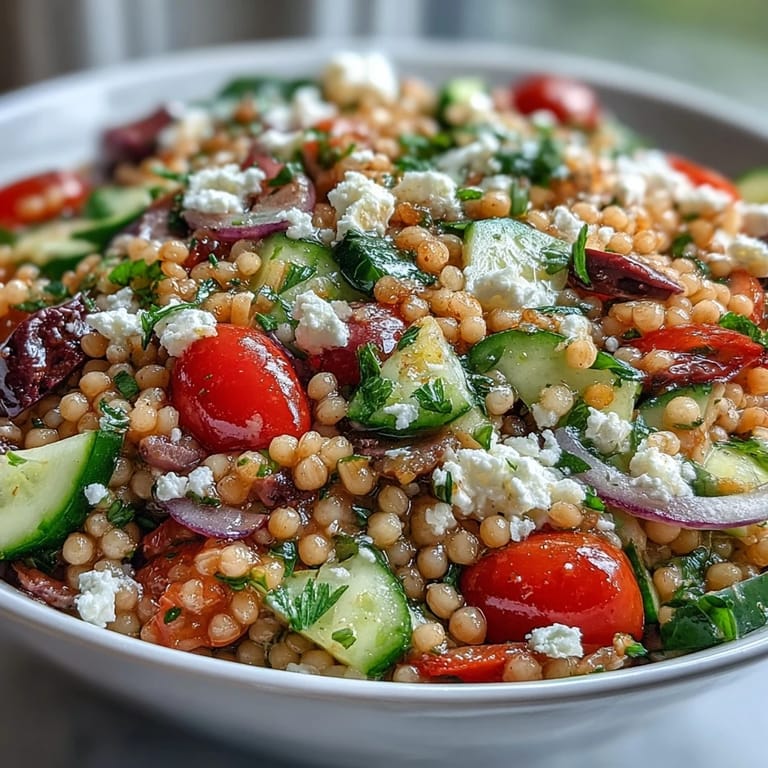 This Mediterranean Pearl Couscous salad features kalamata olives and fresh parsley, tossed in a zesty oregano dressing.