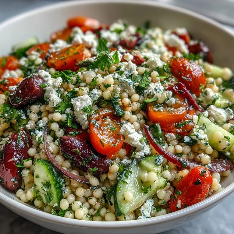 A close-up of a delicious Mediterranean Pearl Couscous dish, serving four, topped with feta and bright vegetables.
