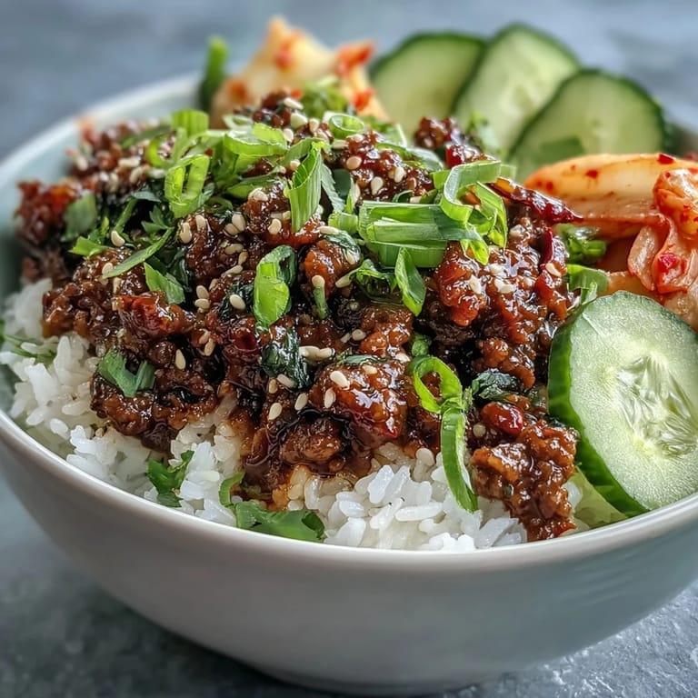 A colorful Korean Beef Bowl with gochujang beef, pickled carrots, radish, and chopped kimchi over steamed rice.