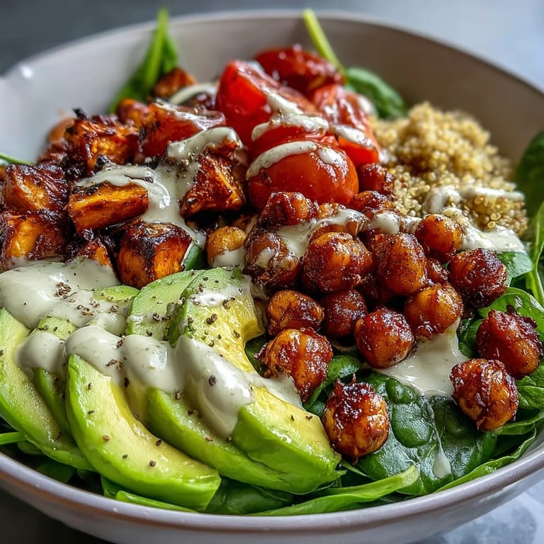 Close-up of Buddha Bowl with Quinoa, featuring golden roasted sweet potatoes, crunchy chickpeas, and fresh avocado slices drizzled with tahini.