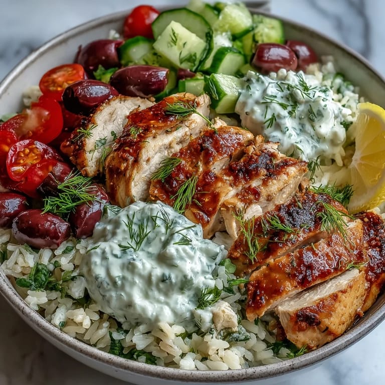 Sizzling Greek Chicken Bowl plated with warm herbed rice, fresh salad, and a generous drizzle of tzatziki.