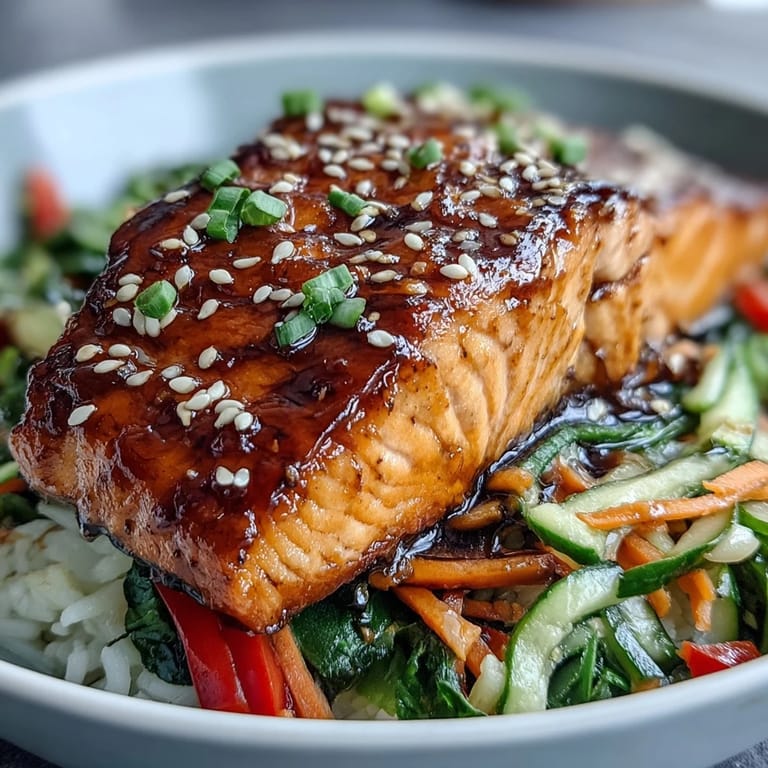 A close-up of a baked Asian-Inspired Salmon Bowl featuring tender fish, edamame, and glistening sauce, ready for a delicious weeknight meal.