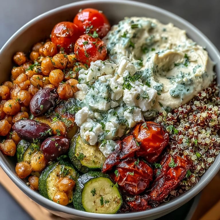 A close-up of Mediterranean Buddha Bowl with vibrant vegetables, briny Kalamata olives, and crumbled feta, ready to enjoy on a marble counter.