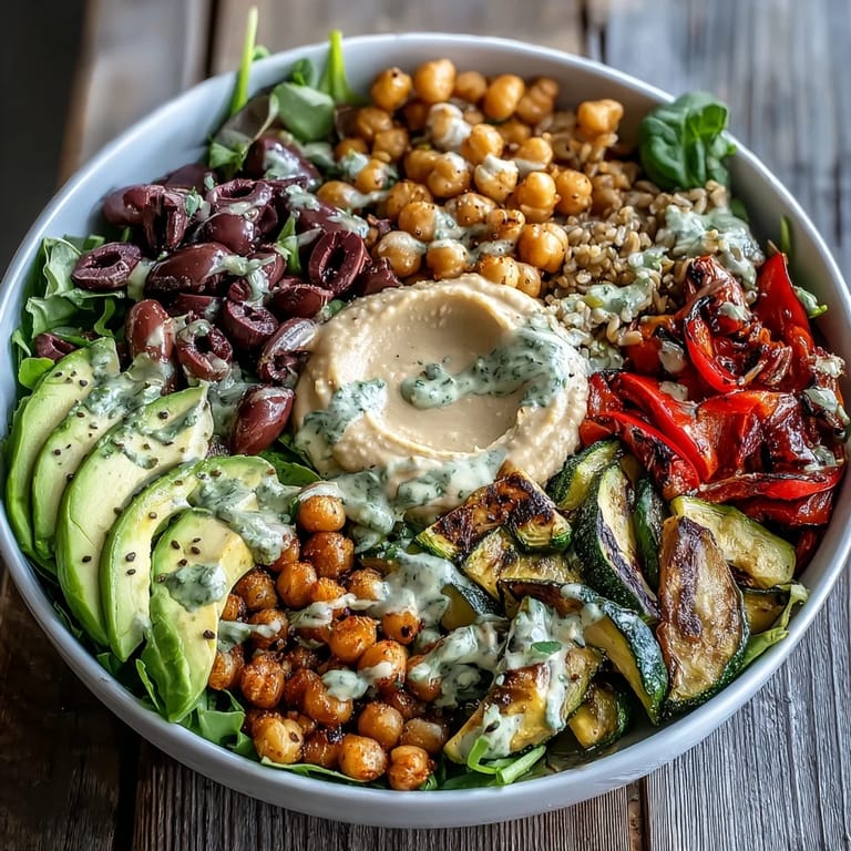 Close-up of a nourishing Vegan Mediterranean Buddha Bowl featuring hummus, avocado, and roasted veggies in a ceramic bowl.