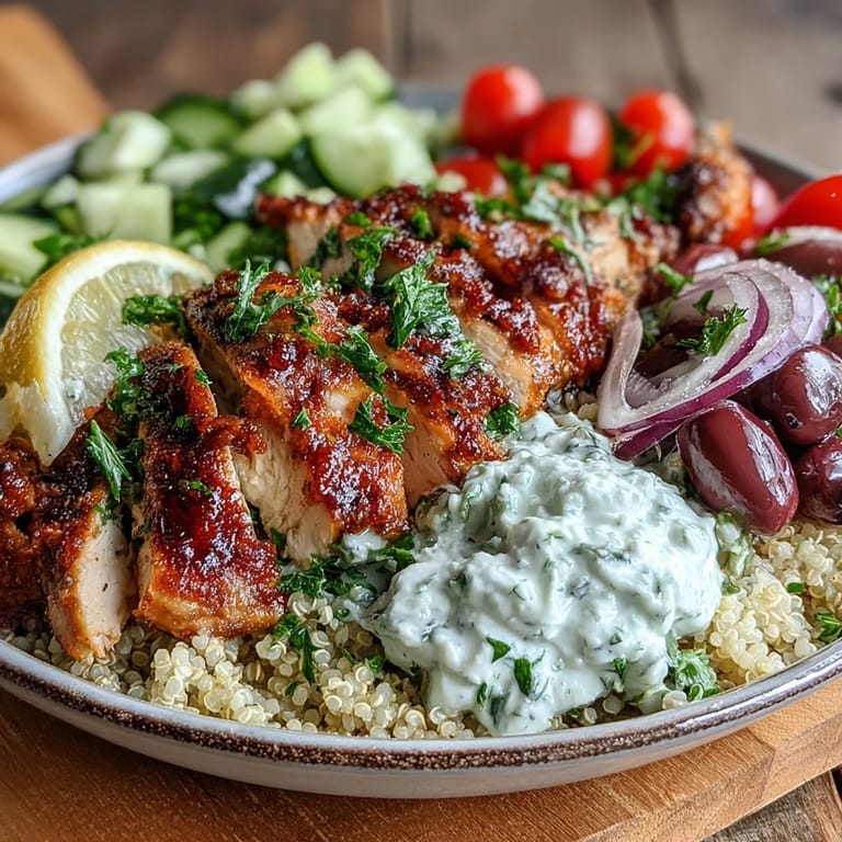 Close-up of a Greek Chicken Power Bowl showcasing lemon-herb chicken slices, cucumber, tomatoes, and Kalamata olives on a bed of quinoa.