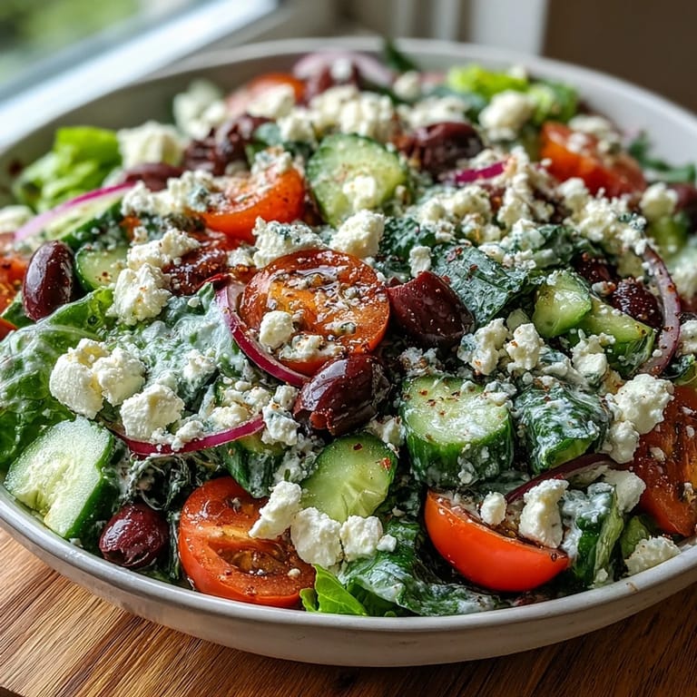 Overhead view of a vibrant Greek Salad Bowl featuring chopped tomatoes, cucumbers, red onion, and feta cheese on green romaine.