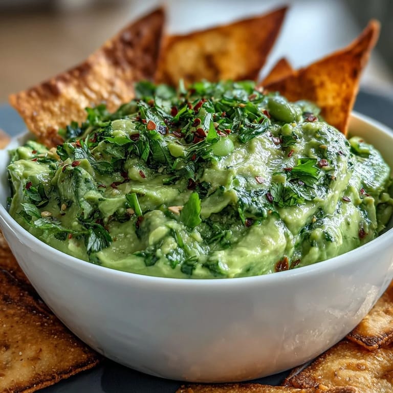 Protein-packed edamame guacamole, rich and smooth, served alongside homemade toasted pita chips for a fresh, healthy appetizer.