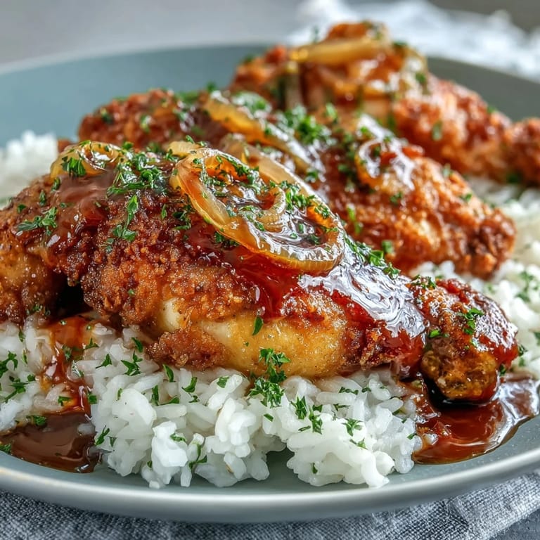 Rich, Southern-style smothered chicken with crispy skin, tender meat, and velvety onion gravy, perfect for family dinners.