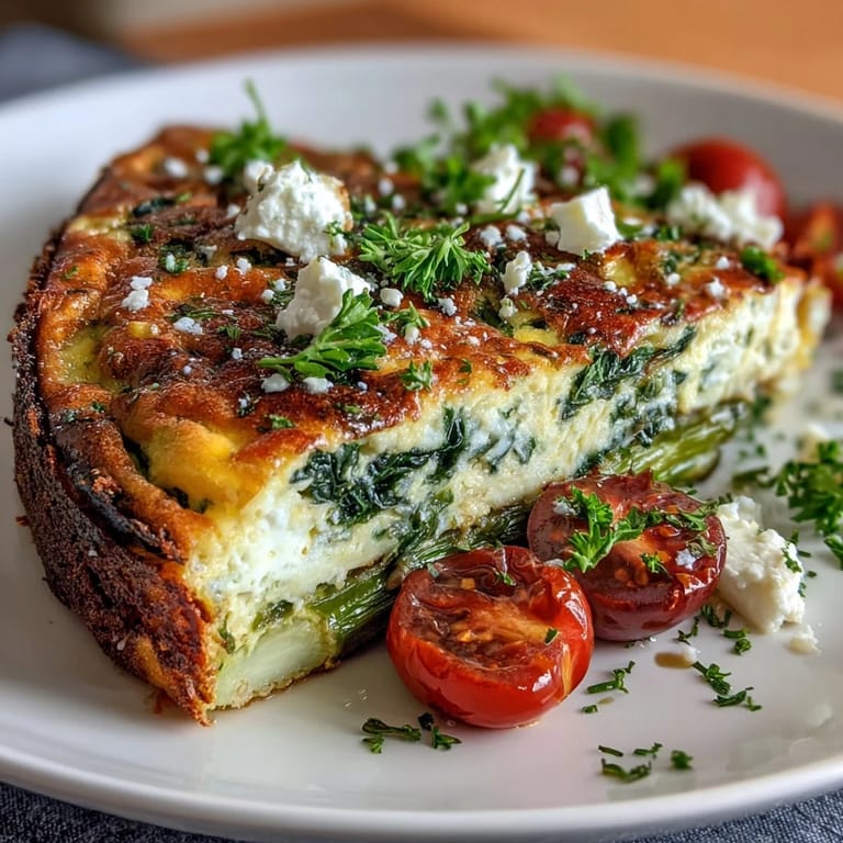Vibrant spring veggie frittata featuring asparagus, spinach, and feta, served warm for a healthy breakfast.