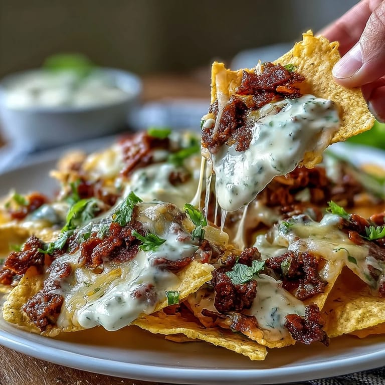 Crispy tortilla chips piled high with savory ground beef, creamy cheddar-Monterey Jack sauce, tangy pickled jalapeños, and fresh tomatoes.