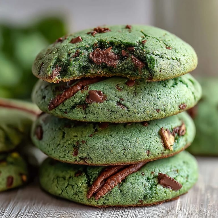 Festive green pistachio cookies, naturally colored with spinach, packed with real nuts and a hint of vanilla.  