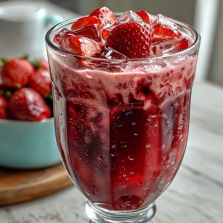 Creamy pink açaí drink featuring freeze-dried strawberries, coconut milk, and açaí purée for a fruity finish.