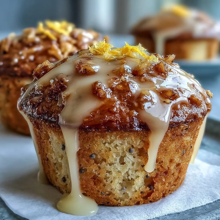 Golden muffins bursting with lemon zest and poppy seeds, drizzled with a glossy citrus glaze.