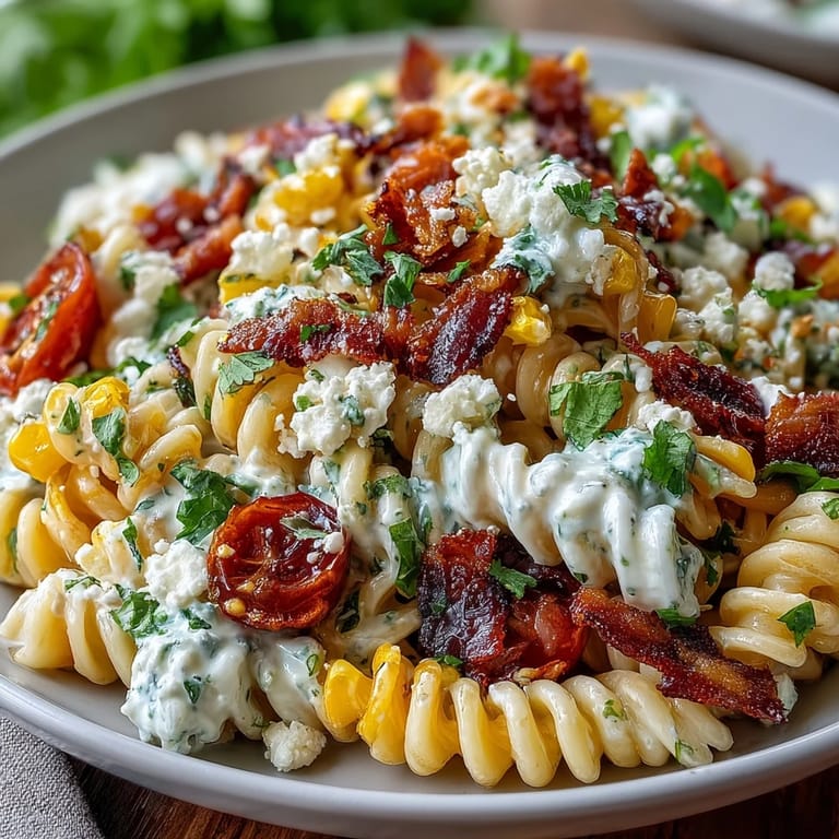 Colorful Elote Pasta Salad with Cotija, Chili and Lime, featuring charred corn, zesty lime dressing, and a sprinkle of chili for bold flavor.